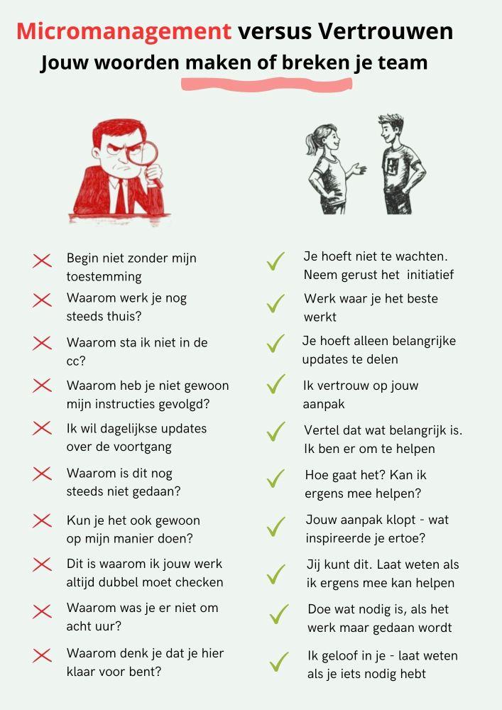 Micromanagement versus vertrouwen. Autonoom werken, teamontwikkeling, autonomie.